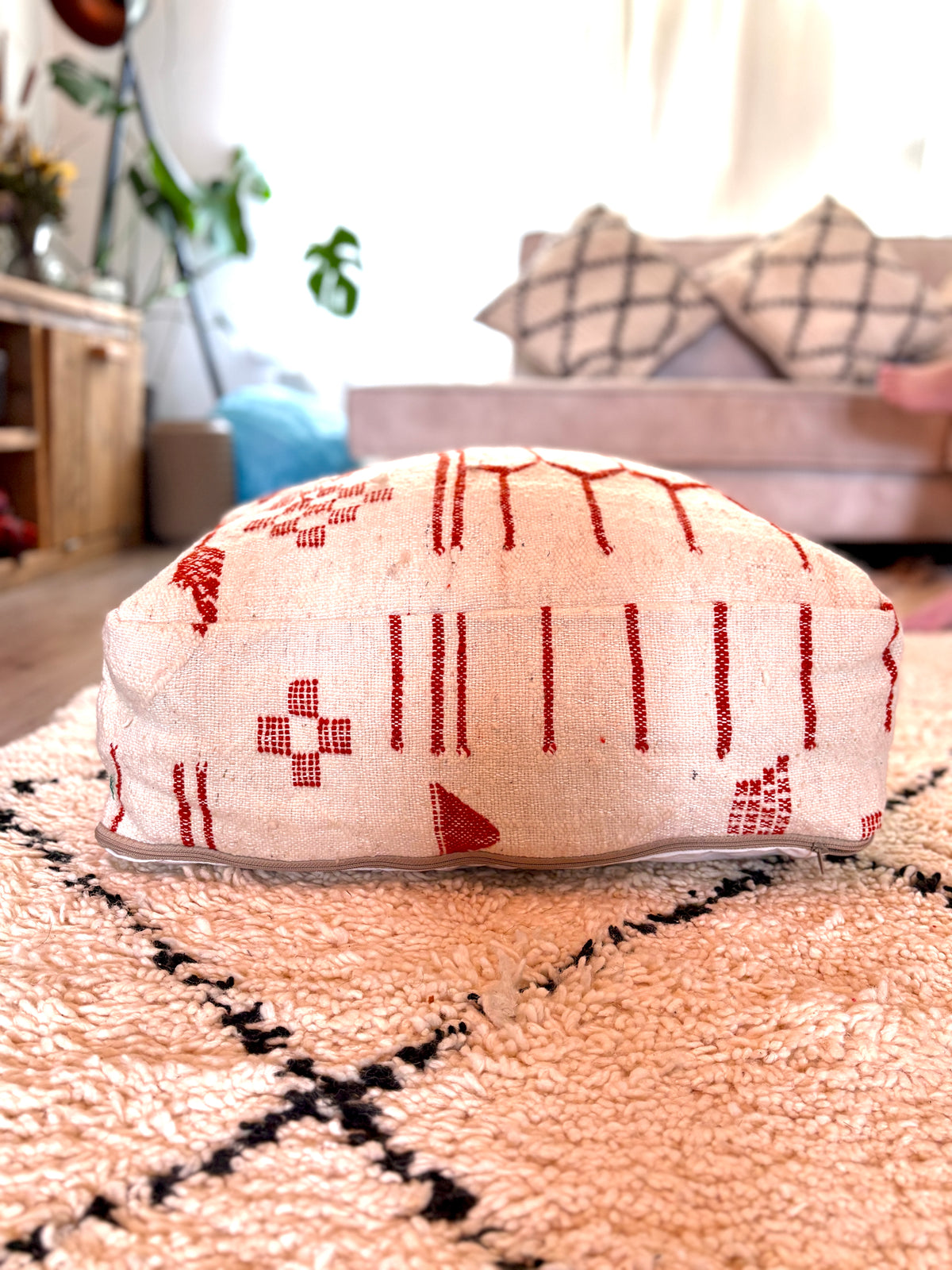 Vintage Moroccan Berber Floor Pouf – Handmade Wool
