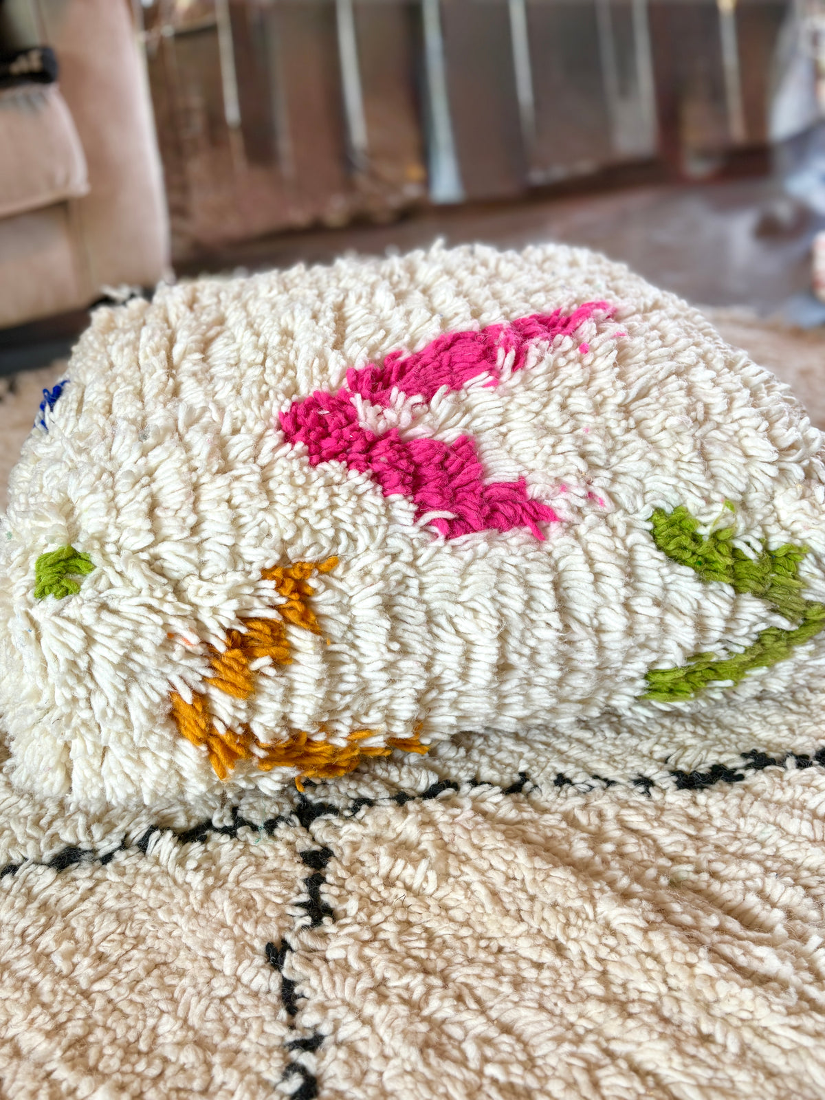 Moroccan Handmade Beni Ourain Style Pouf – Wool Floor Cushion