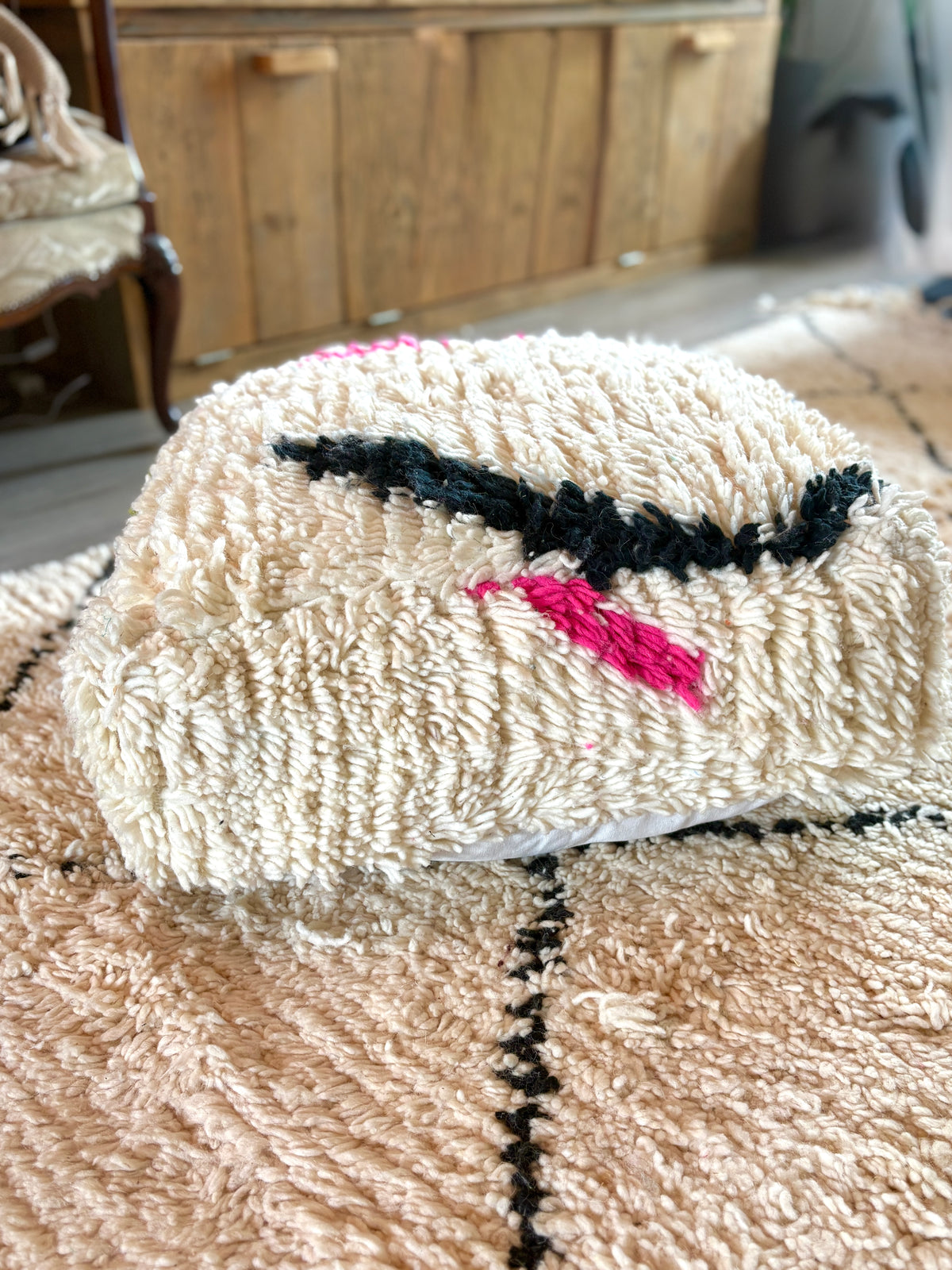 Moroccan Handmade Beni Ourain Style Pouf – Wool Floor Cushion