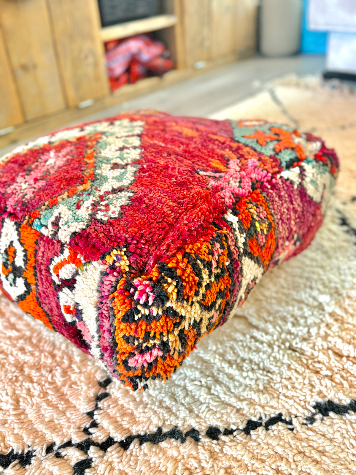 Moroccan Handmade Wool Pouf – Vintage Berber Floor Cushion