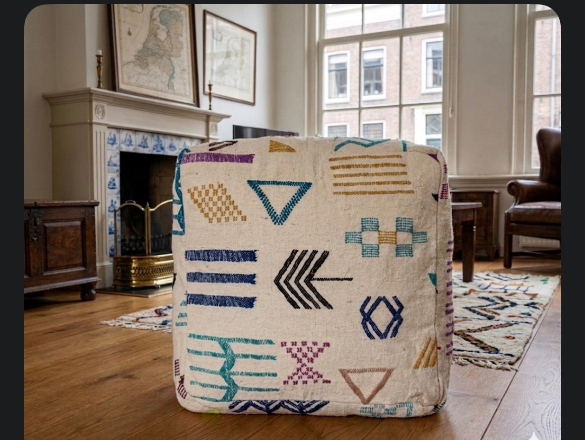Handmade Moroccan Berber Floor Pouf – Wool Ottoman