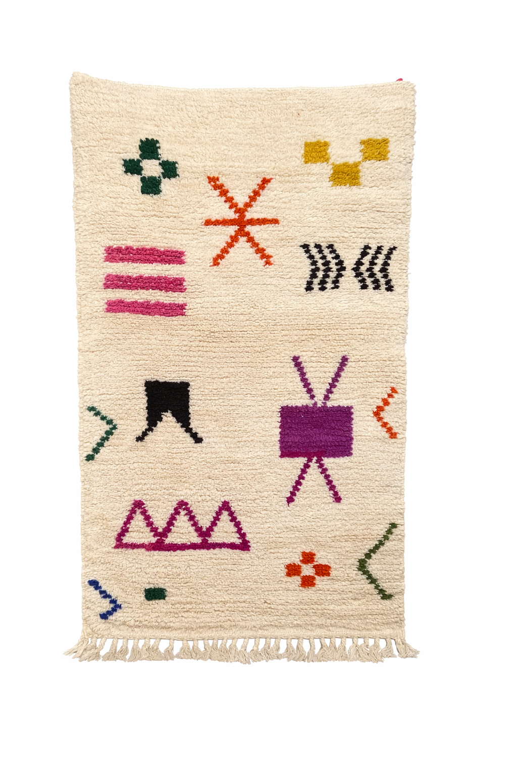 Moroccan Beni Ouarain Rug – Cream Wool with Colorful Berber Symbols, 150 × 110 cm