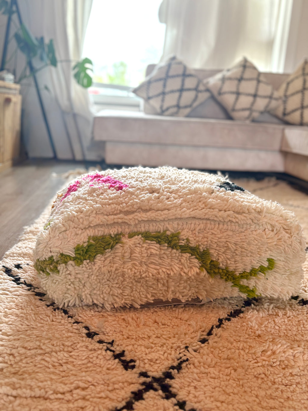Moroccan Handmade Beni Ourain Style Pouf – Wool Floor Cushion