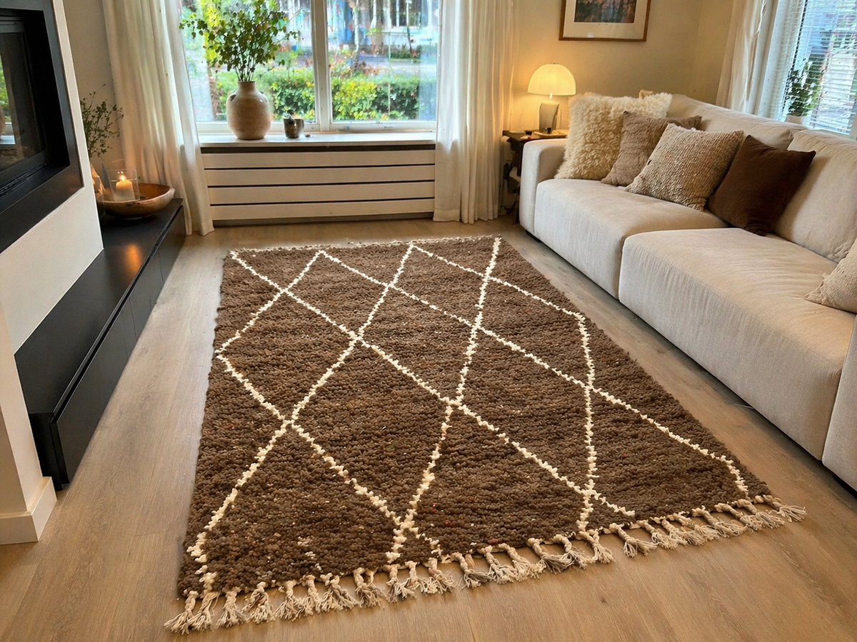 Moroccan Diamond Pattern Rug – Brown & Ivory